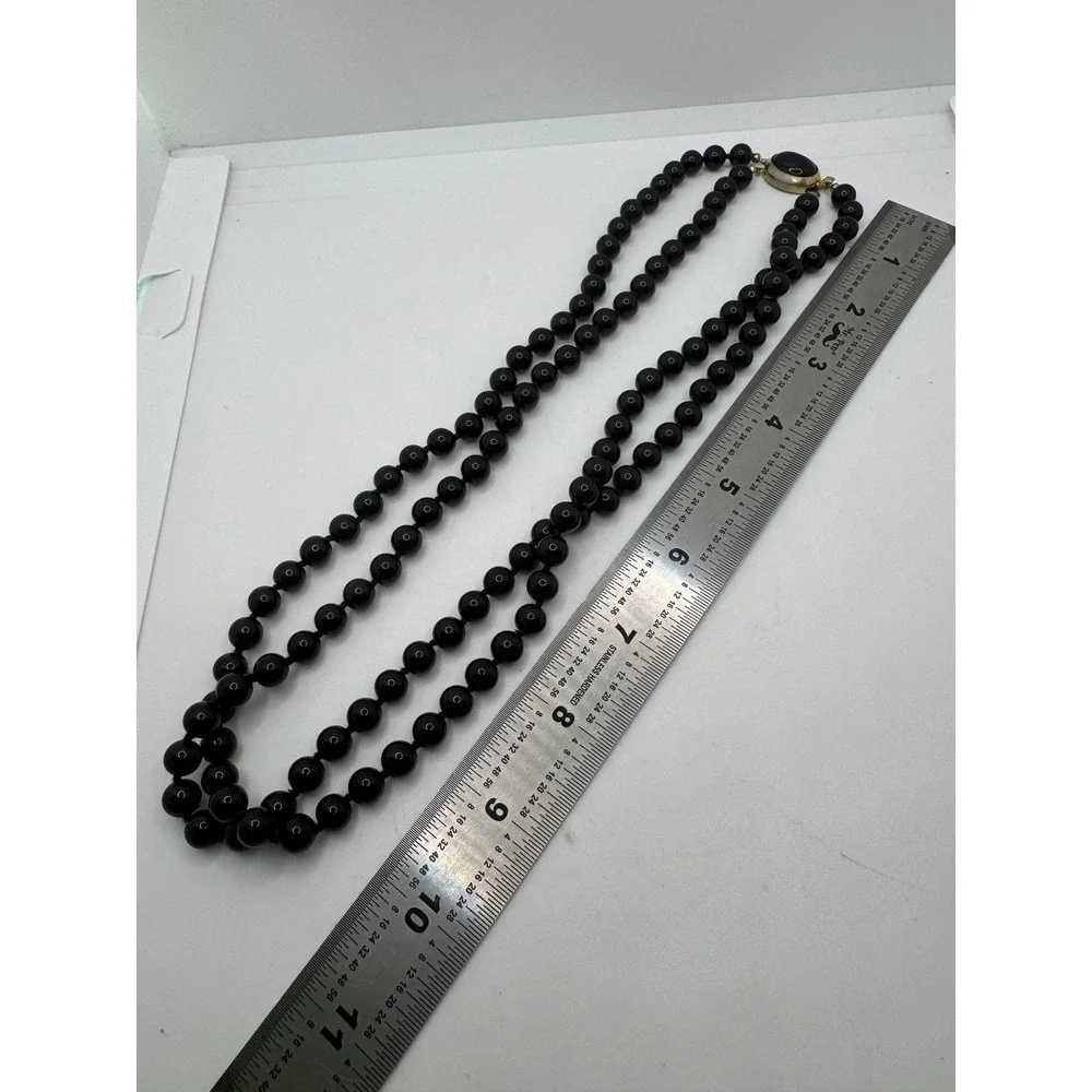 Vintage Black Double Strand Beaded Necklace Gold Tone Cabochon Gothic Victorian